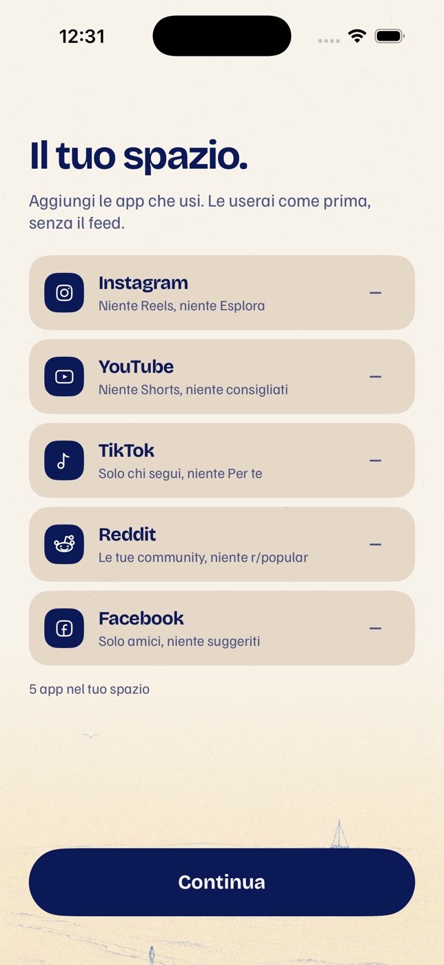 Schermata Il tuo spazio di EverMute: Instagram senza Reels ed Esplora, YouTube senza Shorts e consigliati, TikTok solo con chi segui.