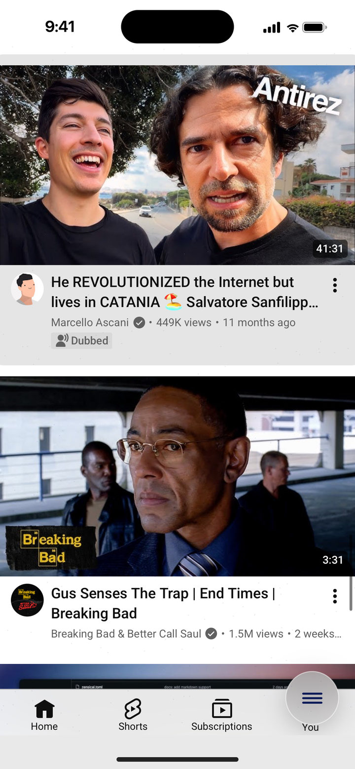 YouTube dentro EverMute: la home con i video lunghi dei canali.